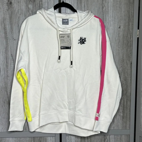 Puma X Lemlem Fleece Training Pullover Hoodie Womens Ivory Neon Stripes Size S - Picture 1 of 13